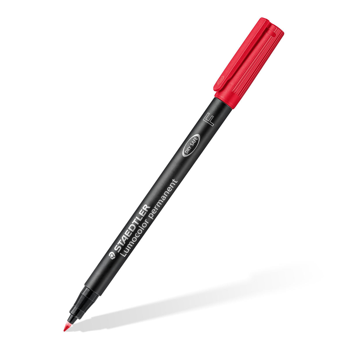 A single Lumocolor permanent 318 pen with a red cap shown at an angle, range photo