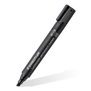 Capped black Lumocolor 350 chisel tip marker shown diagonally, STAEDTLER permanent marker printed on the side