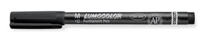Black Staedtler Lumocolor permanent 317-9 pen with cap on, current barrel print with M, LUMOCOLOR Permanent Pen and a small AP mark