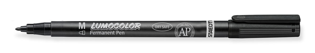 The 317-9 black Lumocolor pen uncapped, showing the medium bullet tip and the barrel print