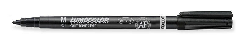 The 317-9 black Lumocolor pen uncapped, showing the medium bullet tip and the barrel print