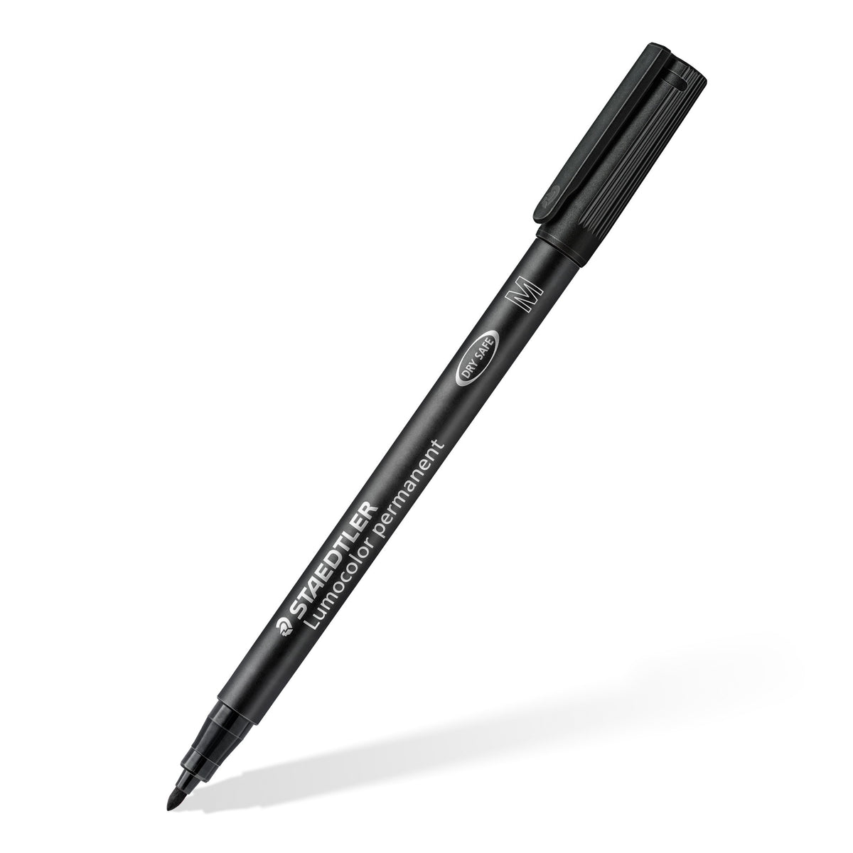 Black Lumocolor permanent medium pen lying diagonally with cap on, Staedtler product shot
