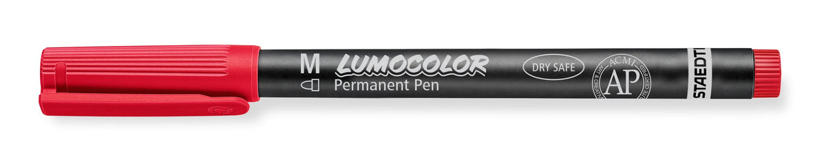 Capped red Lumocolor permanent 317 pen shown side on with Permanent Pen lettering