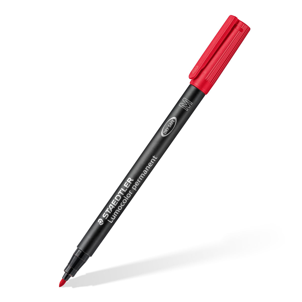 Red-capped Lumocolor permanent 317 pen shown at an angle against white