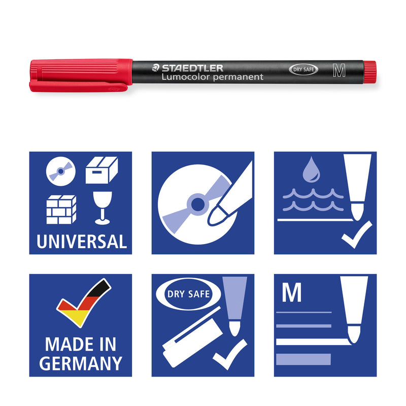 Pictograms for the 317: universal surfaces, CD, waterproof, Made in Germany, DRY SAFE and medium line