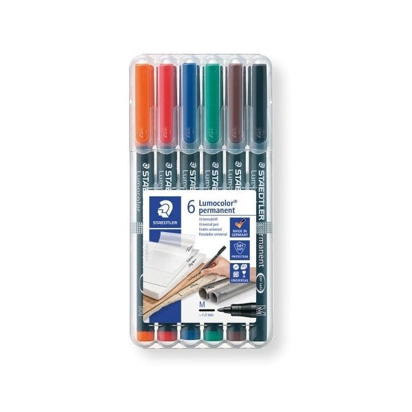 Front of the Staedtler Lumocolor permanent 317 WP6 wallet with orange, red, blue, green, brown and black medium pens