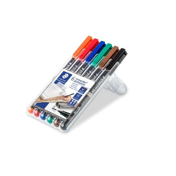 The 317 WP6 wallet folded out on its stand with six capped Lumocolor permanent pens