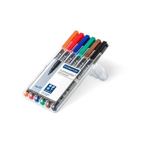 Earlier six-pen Lumocolor permanent wallet standing on its fold-out support