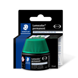 Staedtler Lumocolor permanent 487 17-5 refill station in its black retail box, green capped pot with the label refill station for pens 313, 314, 317, 318 and 15 ml printed on the box