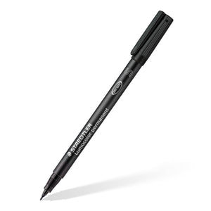 Black superfine Lumocolor permanent pen lying at an angle, cap on, Staedtler product image
