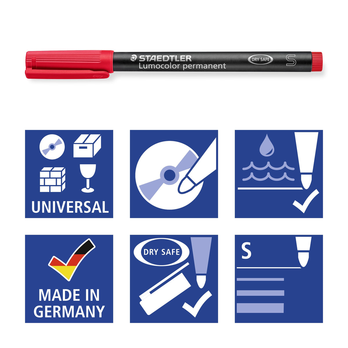 Pictogram tile for the 313 range under a red pen: universal, CD, waterproof, Made in Germany, DRY SAFE, S line