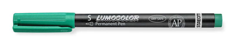Green Staedtler Lumocolor permanent 313-5 superfine pen with its green cap on, barrel print S LUMOCOLOR Permanent Pen with small AP mark