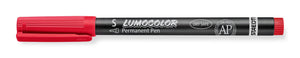 Red Staedtler Lumocolor permanent 313-2 superfine pen with cap on, barrel printed S, LUMOCOLOR Permanent Pen and a small AP mark