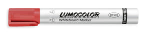 Red Lumocolor whiteboard marker with its cap on, LUMOCOLOR Whiteboard Marker and DRY SAFE printed on the white barrel