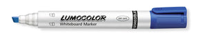 Blue Lumocolor 351 B whiteboard marker shown uncapped from the side, angled chisel tip, white barrel printed LUMOCOLOR Whiteboard Marker and DRY SAFE