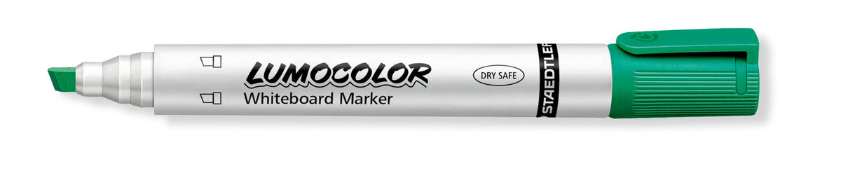 Green Staedtler Lumocolor whiteboard marker lying flat with the cap posted on the end, chisel tip showing at the left