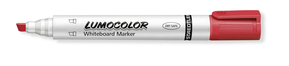 Red Lumocolor 351 B-2 whiteboard marker uncapped, angled red chisel tip and red end plug on a white LUMOCOLOR Whiteboard Marker barrel
