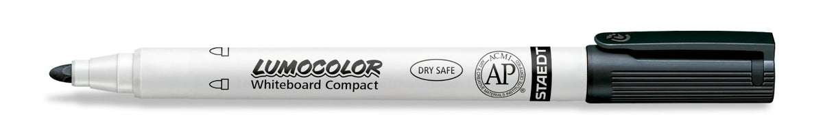 Black Lumocolor whiteboard compact marker with the cap posted on the end, fine bullet tip at the left, LUMOCOLOR printed on the barrel