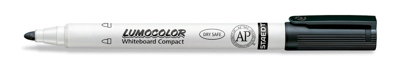 Black Lumocolor whiteboard compact marker with the cap posted on the end, fine bullet tip at the left, LUMOCOLOR printed on the barrel