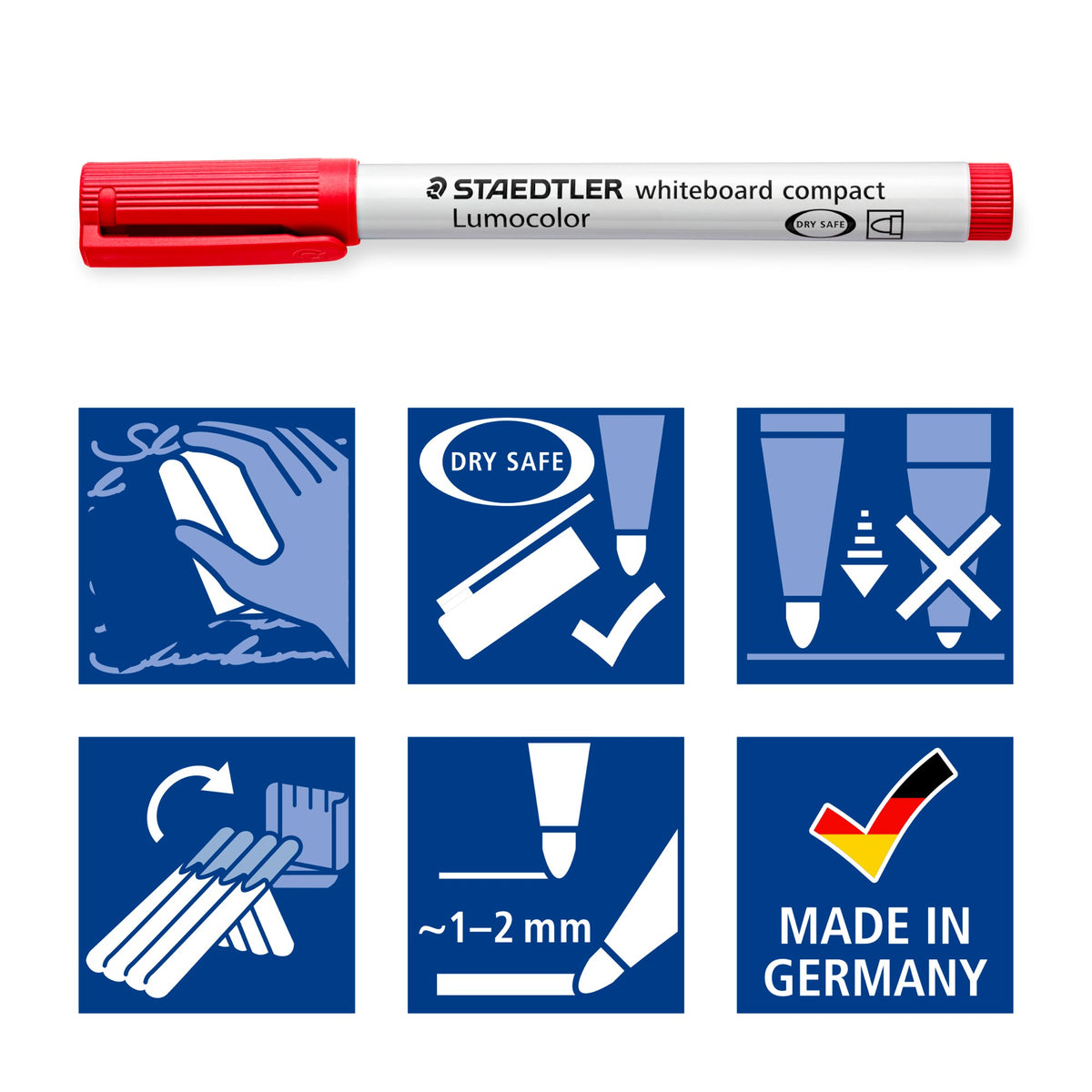 Red Lumocolor whiteboard compact marker over Staedtler pictograms: dry wipe, DRY SAFE, locked tip, stand-up box, 1 to 2 mm tip and Made in Germany