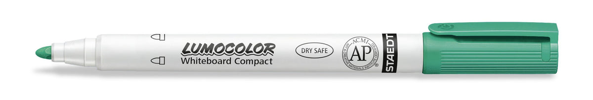 Staedtler Lumocolor whiteboard compact 341-5 green marker with the cap off, white barrel printed LUMOCOLOR whiteboard compact and DRY SAFE, green cap and bullet tip