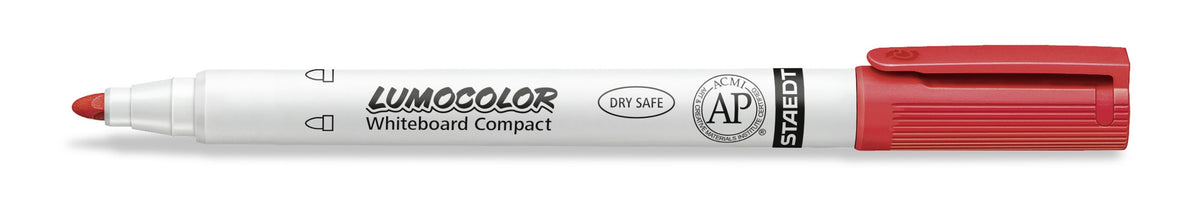 Staedtler Lumocolor whiteboard compact 341-2 red marker with the cap off, white barrel printed LUMOCOLOR whiteboard compact and DRY SAFE, red cap and bullet tip