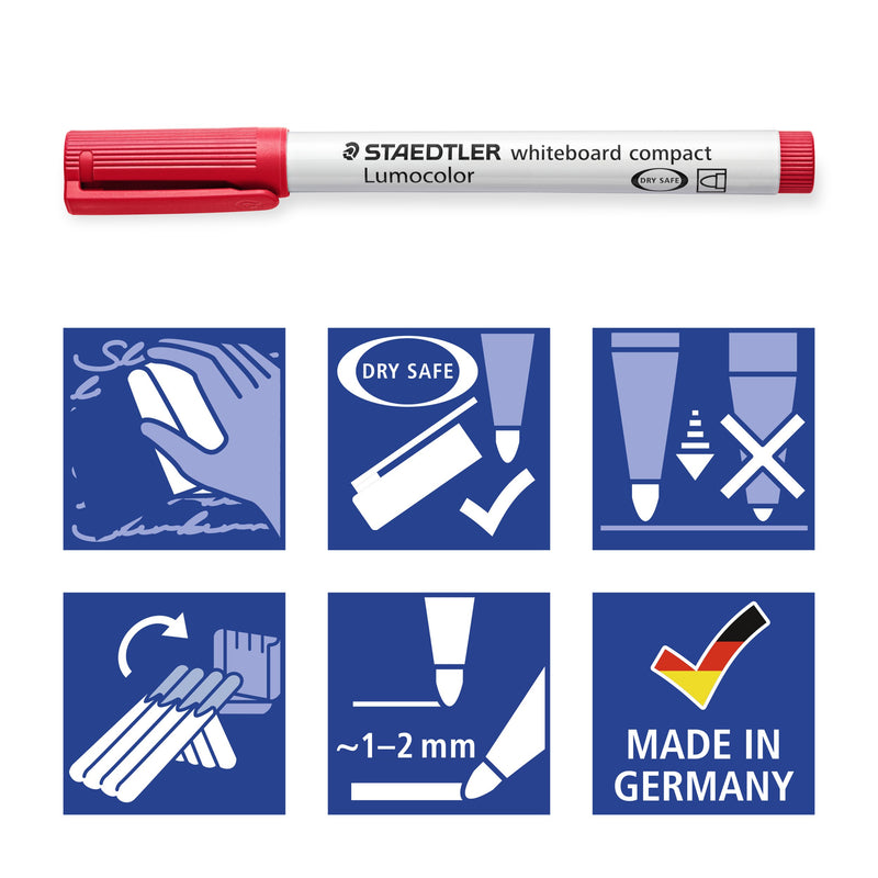 Staedtler pictograms for the 341 range under a red compact marker: dry wipe, DRY SAFE, locked tip, stand-up box, about 1 to 2 mm and Made in Germany
