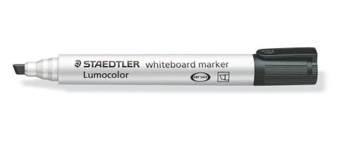 Staedtler Lumocolor 351 B-9 non-permanent black chisel tip whiteboard marker showing chisel tip, black barrel and cap