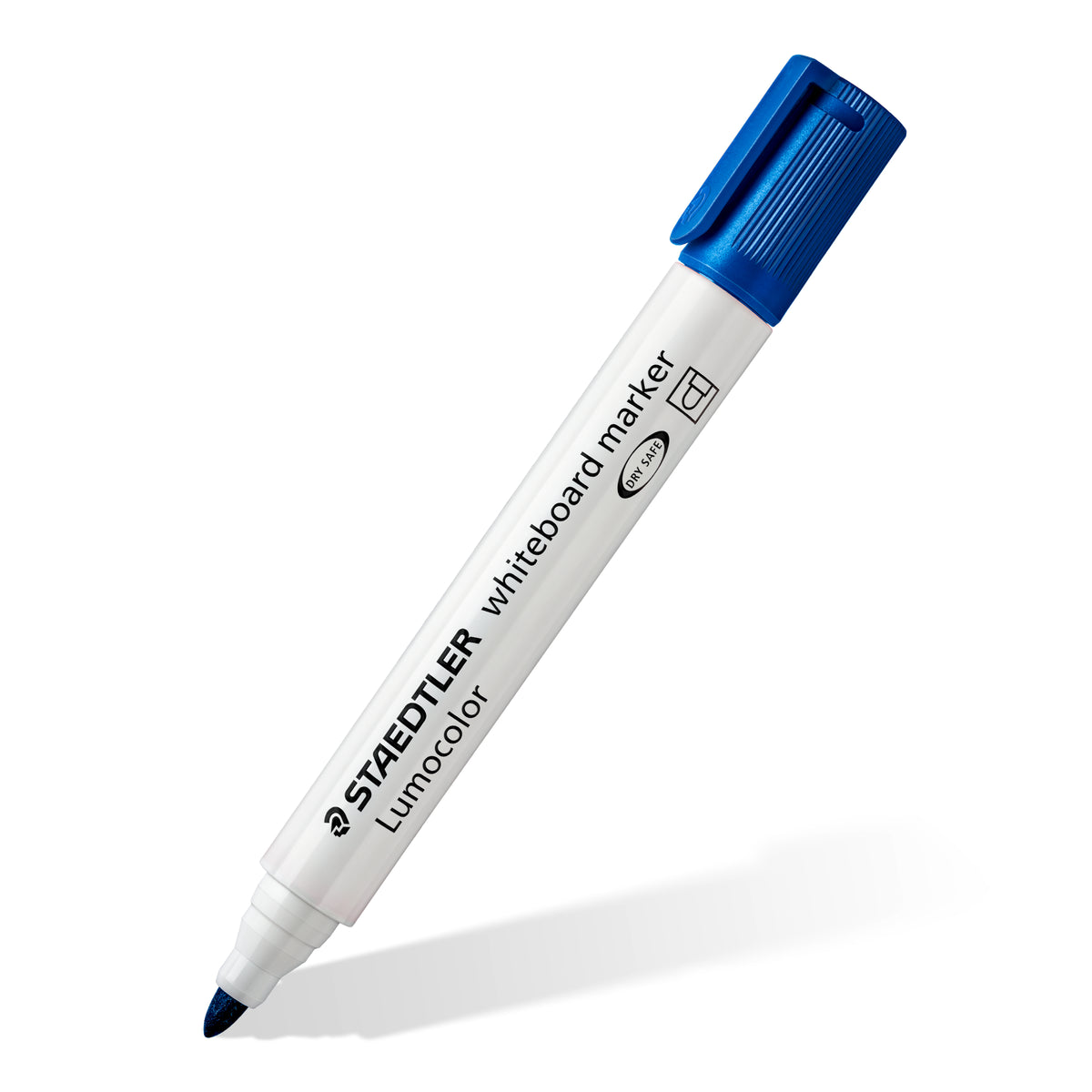 Blue Staedtler Lumocolor whiteboard marker 351-3 with a bullet tip and the cap on, shown at an angle on a white background