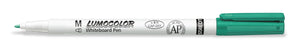 Staedtler Lumocolor whiteboard pen 301-5 green with the cap off, slim white barrel printed M and LUMOCOLOR Whiteboard Pen, green cap