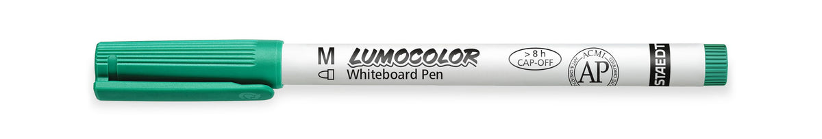 The 301-5 green Lumocolor whiteboard pen capped, side view of the slim white barrel and green cap