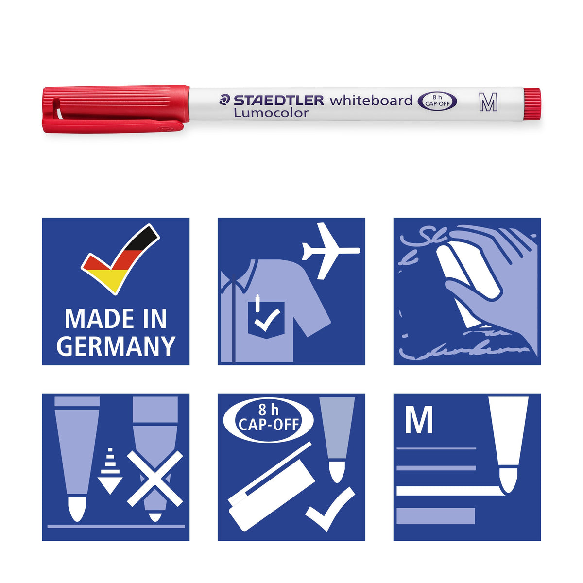 Staedtler pictograms for the 301 under a red pen: Made in Germany, airplane-safe, dry wipe, locked tip, 8 h CAP-OFF and line width M