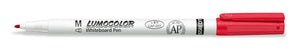 Staedtler Lumocolor whiteboard pen 301-2 red with the cap off, slim white barrel printed M and LUMOCOLOR Whiteboard Pen, red cap