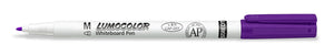 Staedtler Lumocolor whiteboard pen 301-6 violet with the cap off, slim white barrel printed M and LUMOCOLOR Whiteboard Pen, violet cap