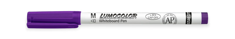 The 301-6 violet Lumocolor whiteboard pen capped, side view of the slim white barrel and violet cap