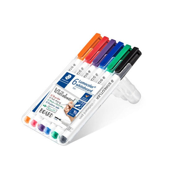 Lumocolor 301 wallet of 6 opened out into its desk stand, with the six coloured pens angled back for easy reach