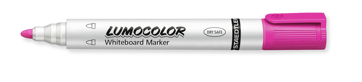 Pink Lumocolor 351-20 whiteboard marker uncapped, pink bullet tip and pink end plug on a white barrel printed LUMOCOLOR Whiteboard Marker