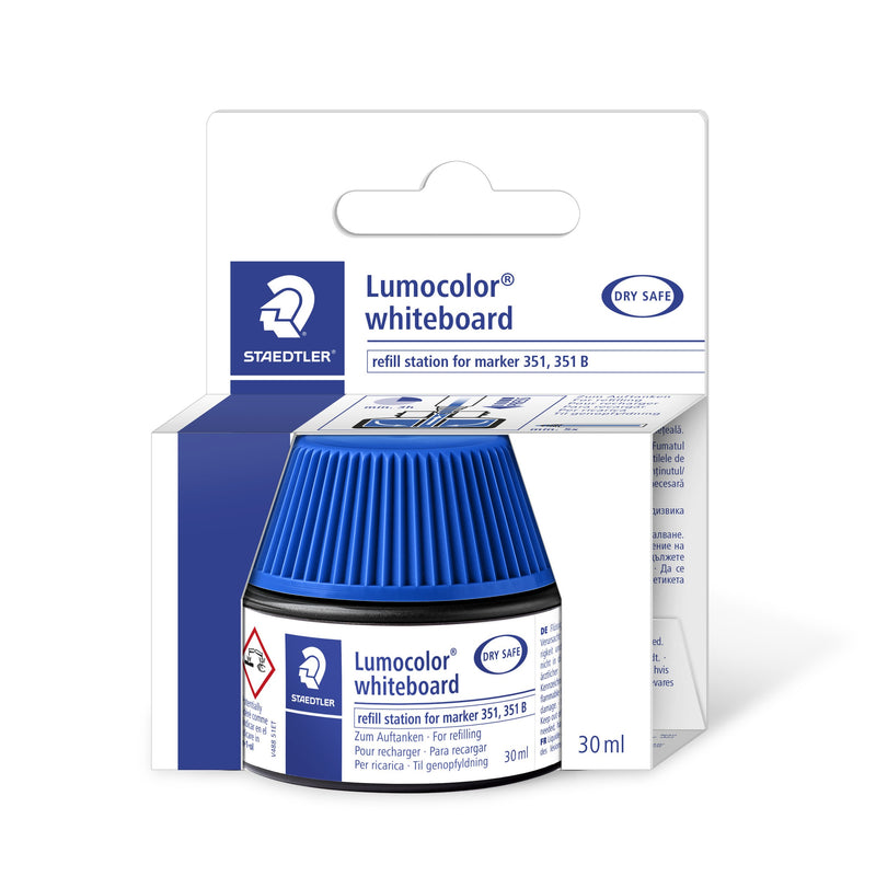 Staedtler Lumocolor whiteboard 488 51-3 blue refill pot shown in its hanging carton, printed refill station for marker 351, 351 B and 30 ml