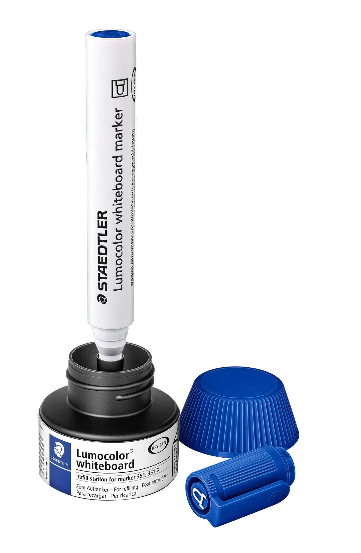 Blue capped Lumocolor whiteboard marker standing upside down in the open refill pot, blue pot lid resting next to it