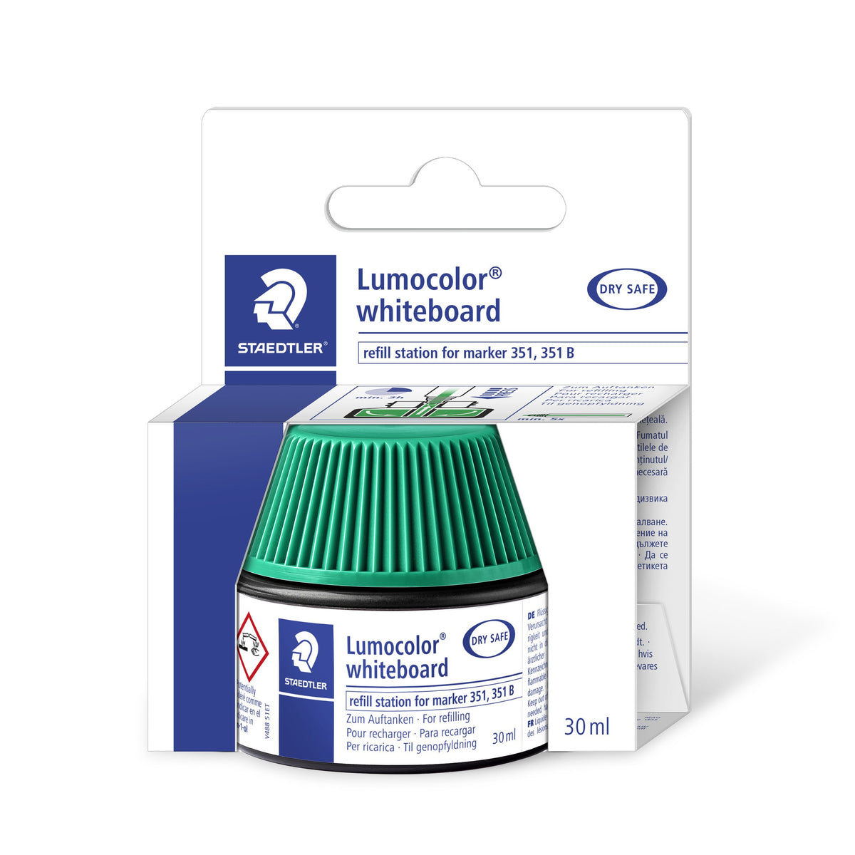 Green Staedtler Lumocolor whiteboard refill station 488 51-5 inside its white and blue carton with hang tab, printed 30 ml and marker 351, 351 B
