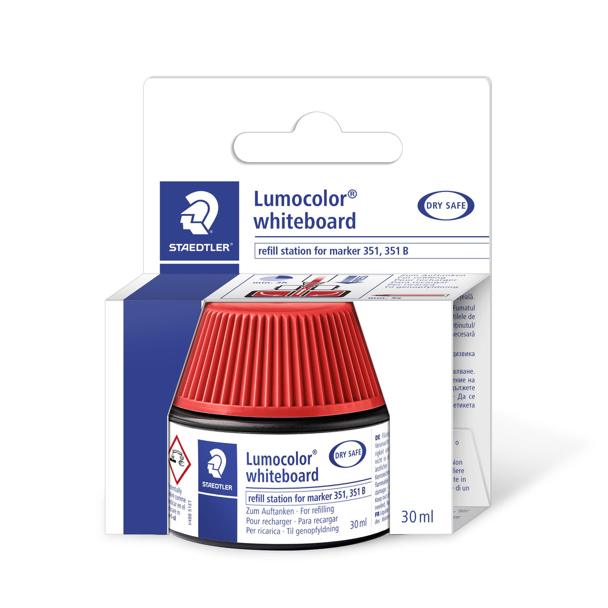 Red Lumocolor whiteboard refill station 488 51-2 by Staedtler in its hanging carton, printed refill station for marker 351, 351 B and 30 ml