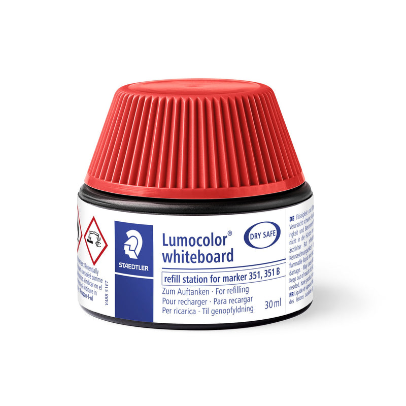 Unboxed red Lumocolor whiteboard refill pot with ribbed red lid and white label carrying the DRY SAFE logo and a hazard pictogram