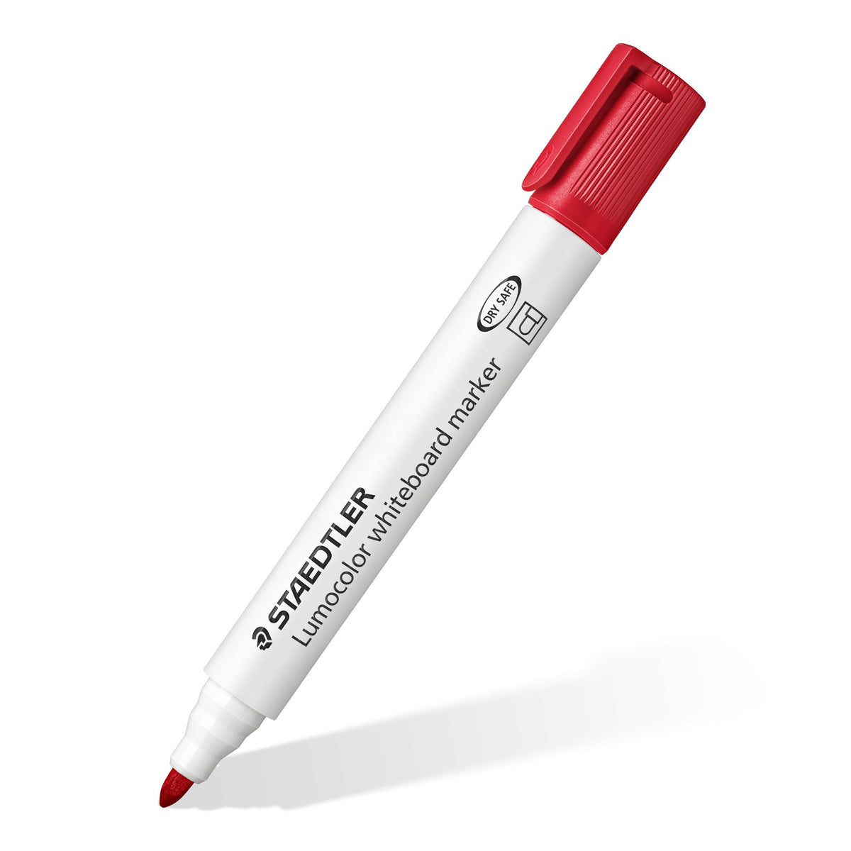 One of the set's Lumocolor 351 whiteboard markers, red cap shown, white barrel with STAEDTLER print