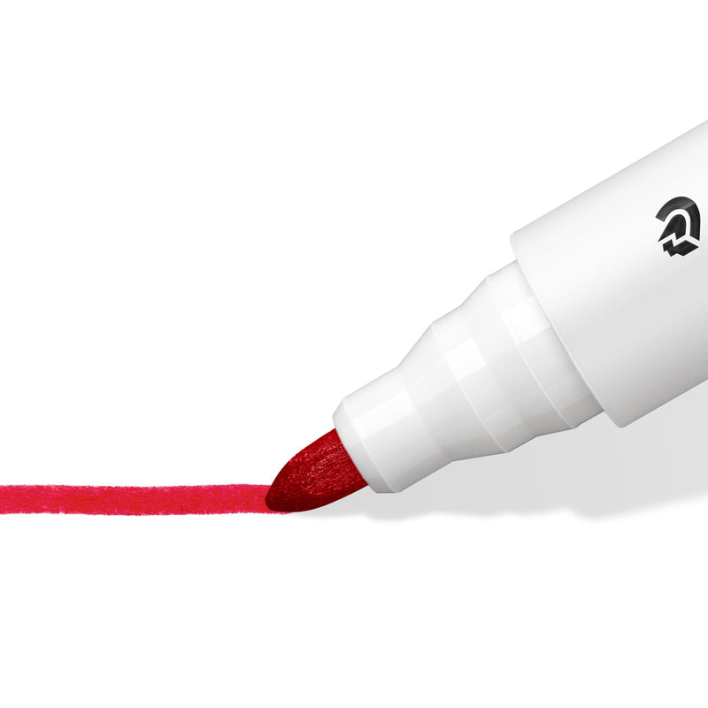 Close-up of a Lumocolor whiteboard bullet tip drawing a red line