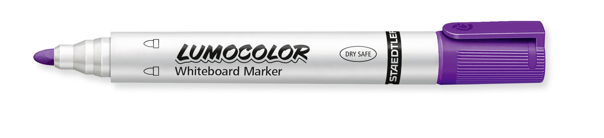 Violet Lumocolor 351-6 whiteboard marker uncapped, violet bullet tip and end plug on a white barrel printed LUMOCOLOR Whiteboard Marker