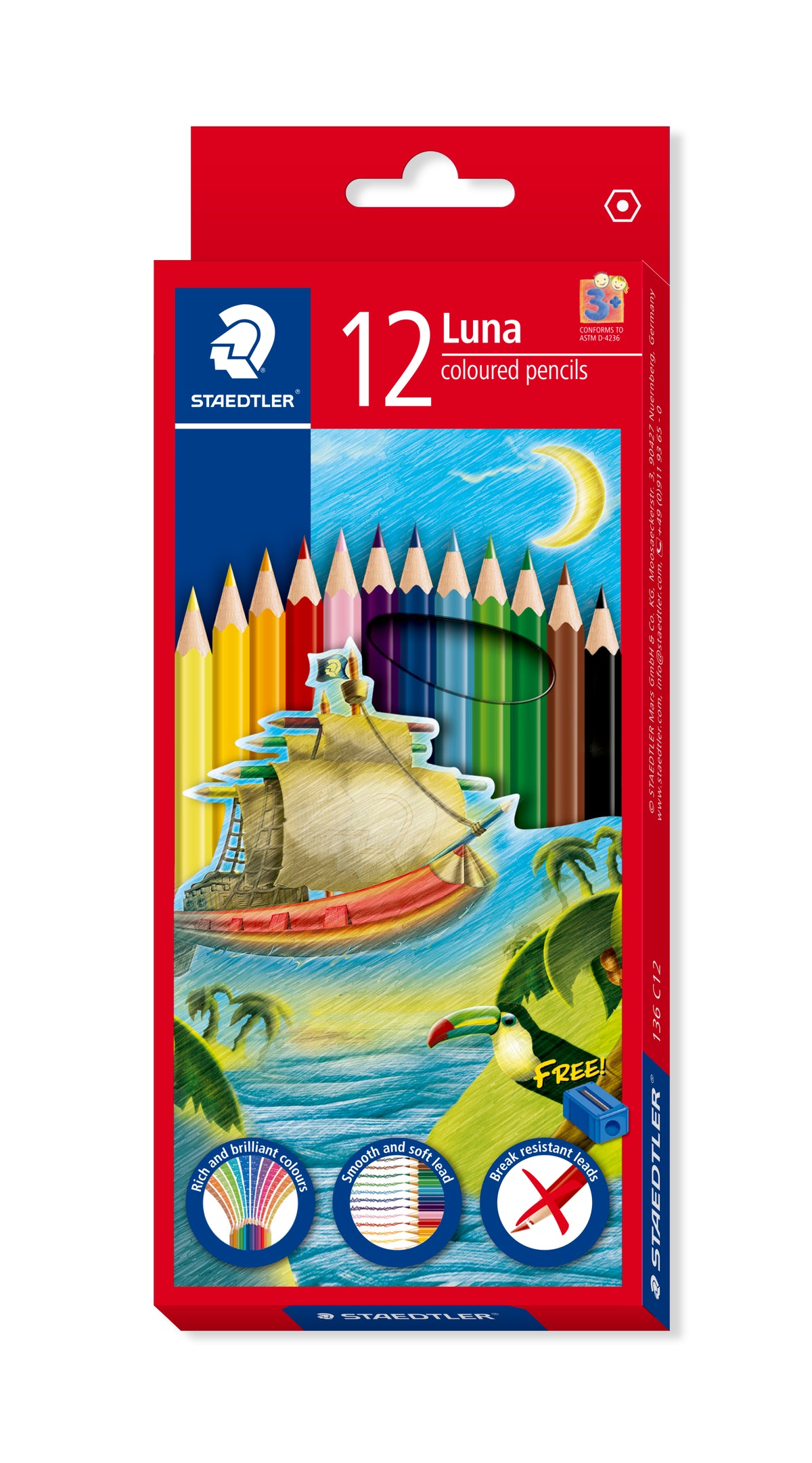 Staedtler Luna 136 C12 box of 12 coloured pencils with a sailing ship illustration and a free sharpener shown on the pack
