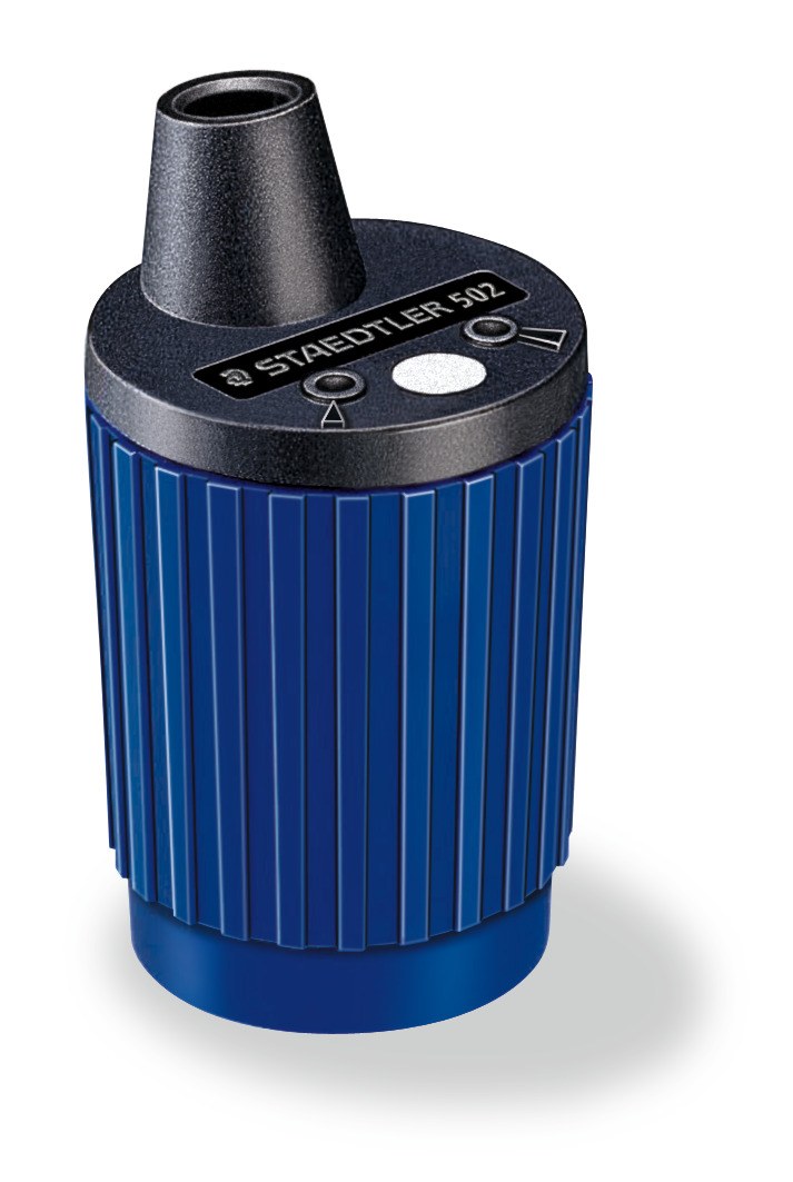 Staedtler Mars 502 lead pointer tub, navy ribbed base with a black top and cone, STAEDTLER 502 printed on the top