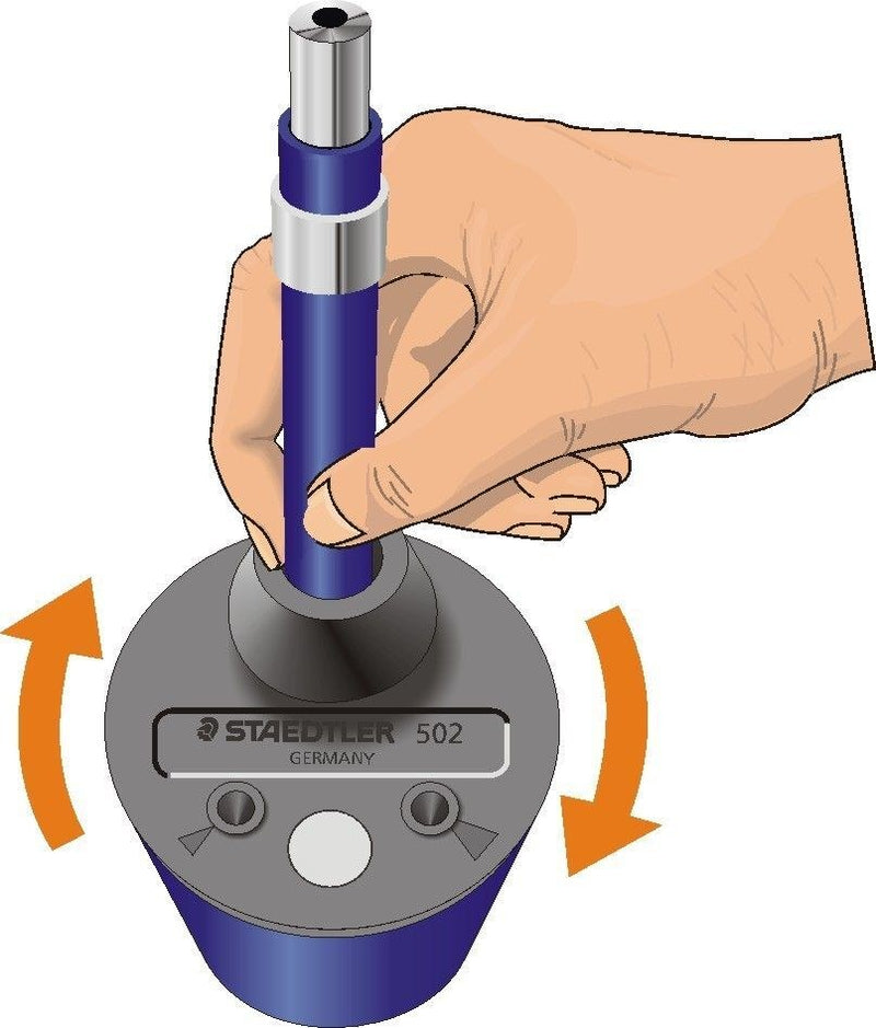 Staedtler drawing of a hand turning a blue leadholder in the 502 lead pointer, orange arrows showing the rotation