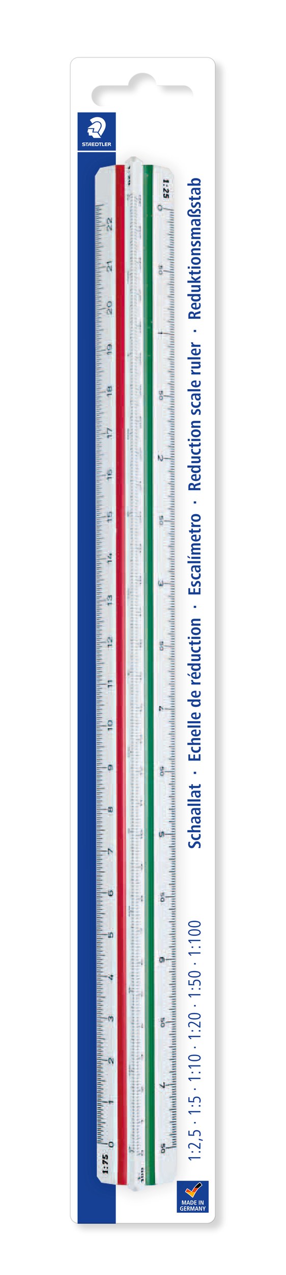 Staedtler Mars 561 DIN version scale ruler on a blistercard printed 1:2,5 1:5 1:10 1:20 1:50 1:100, with red and green grooves on the white ruler