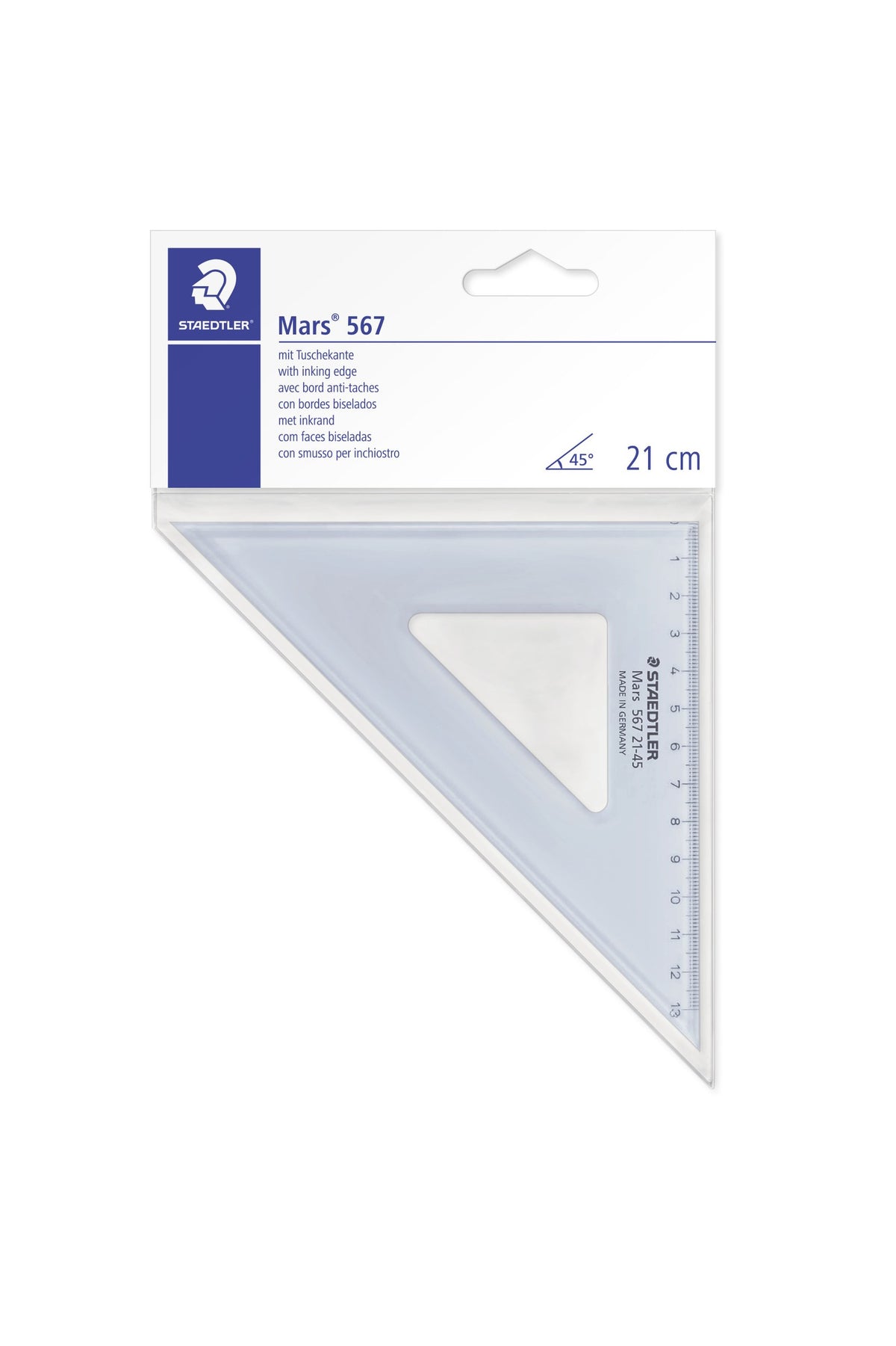 Mars 567 21-45 set square in a clear bag with a Staedtler header card reading Mars 567, with inking edge, a 45 degree symbol and 21 cm